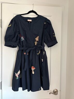Cecconne Navy Embroidered Puff-Sleeve Dress with Belt